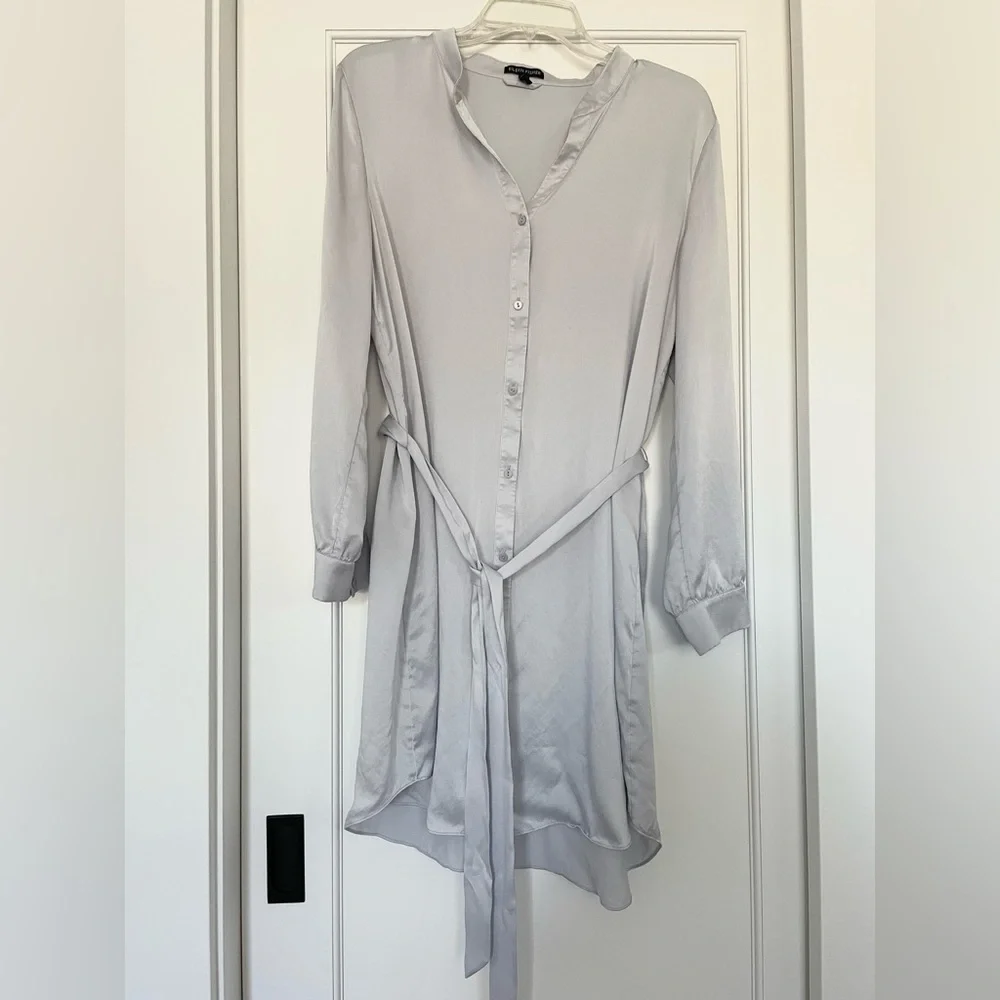 Eileen Fisher 100% silk Light Gray Blue Purple Button-Down Dress with tie‎ belt - Picture 2 of 6